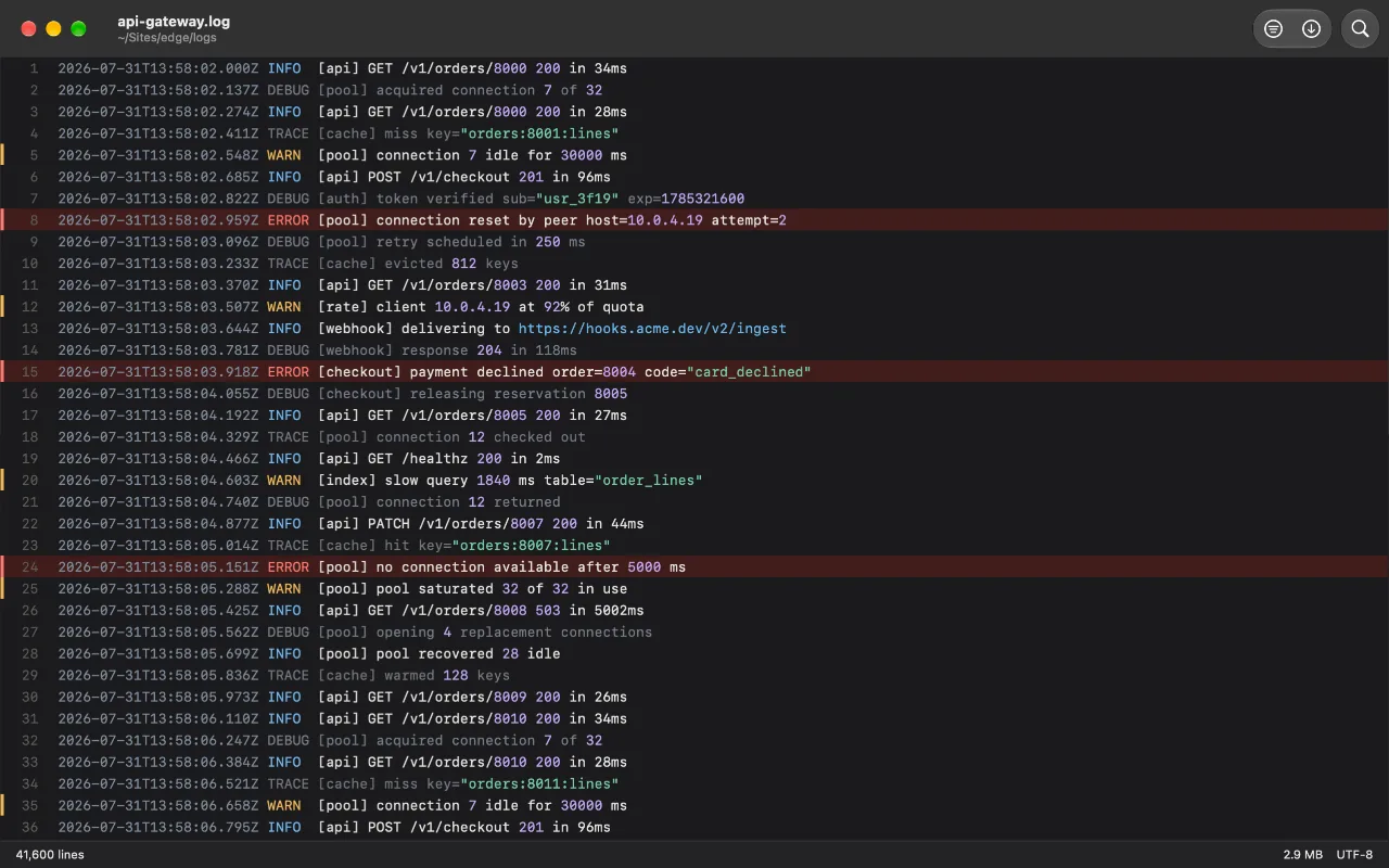 A 41,600-line log, open and scrolling. Severity is visible without reading.