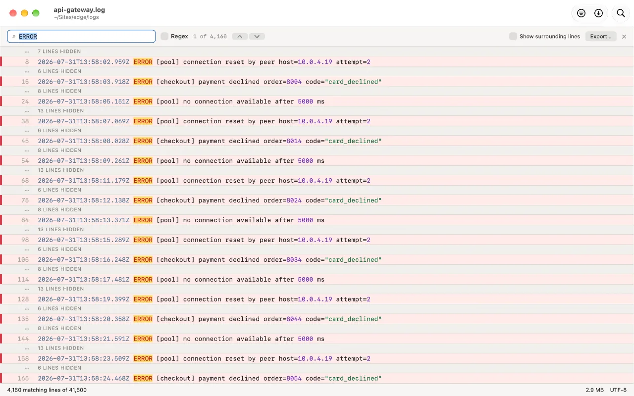 Filter mode showing only matching lines, with their real line numbers and every hidden gap marked