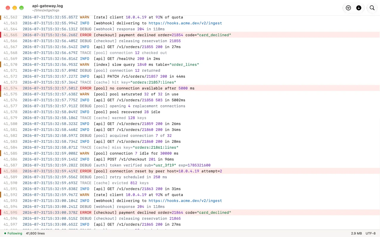 Follow mode pinned to the end of a log file that is still being written