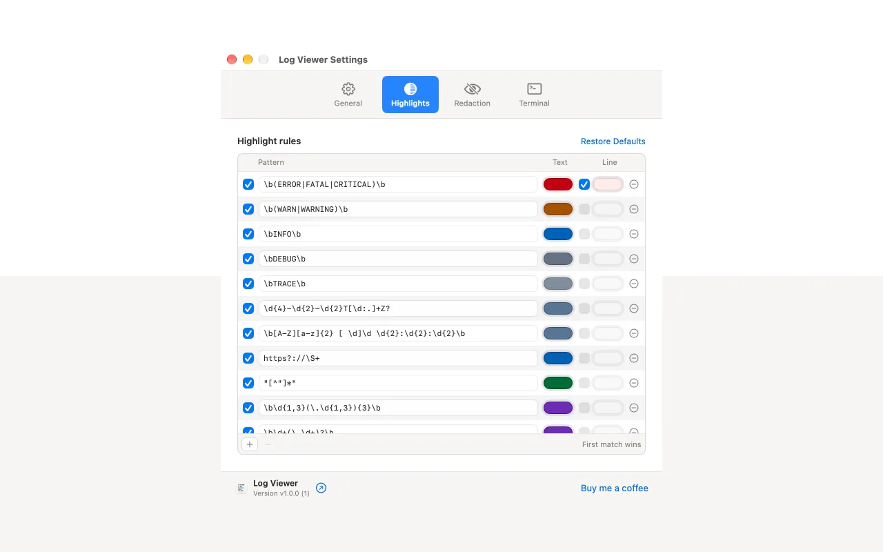 Settings window with the ordered list of highlight rules, each a pattern, a text color and a line tint