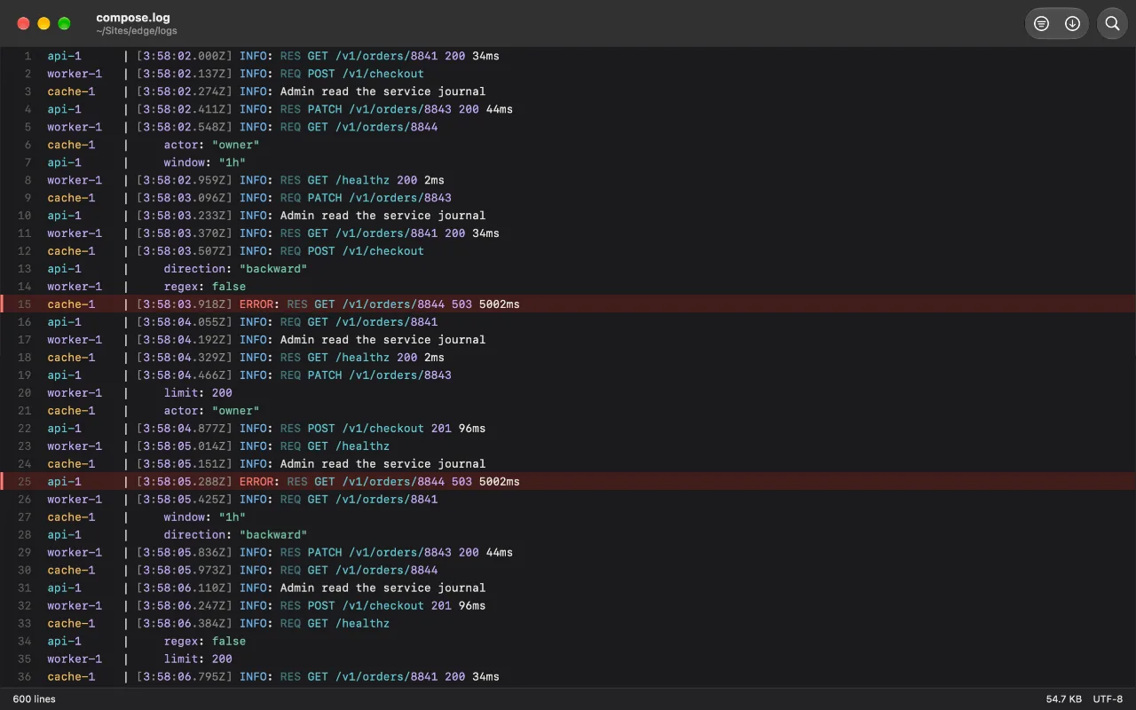 A terminal-captured log rendered with its ANSI colors painted instead of shown as escape codes