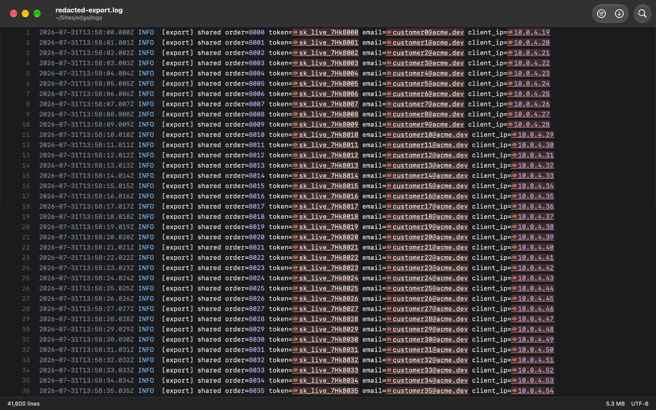 Log Viewer with a redacted IP address marked in a log line