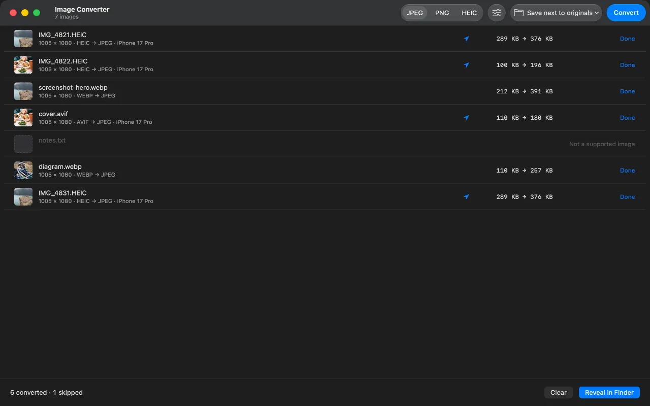 A finished batch in dark mode, each row showing the size before and after conversion, most of them larger, with Reveal in Finder at the bottom