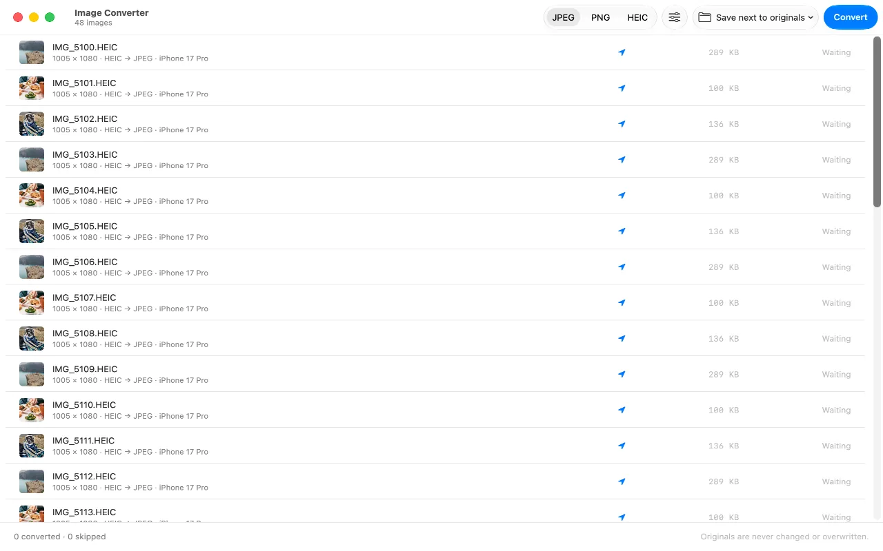 A whole camera card at once. There is no number of files at which the app starts refusing.