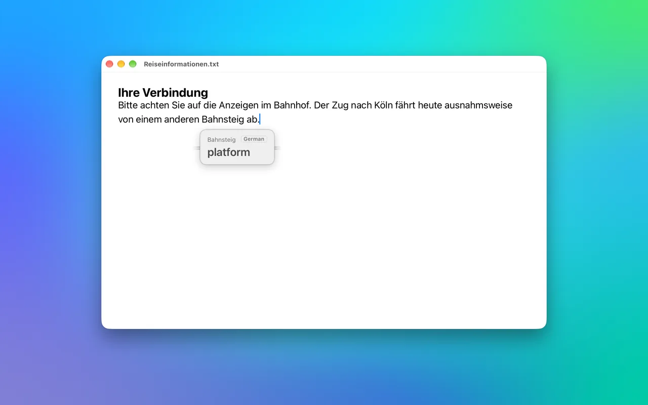A single click translates one word, and the card names the language.