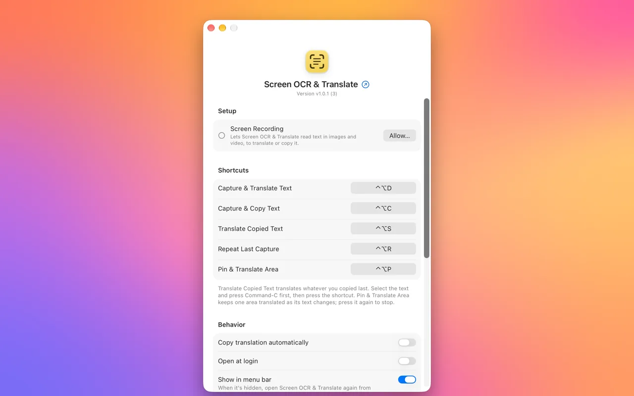 The Settings window: a Setup row asking for Screen Recording, the two shortcuts, and switches for copying translations automatically, opening at login and showing in the menu bar